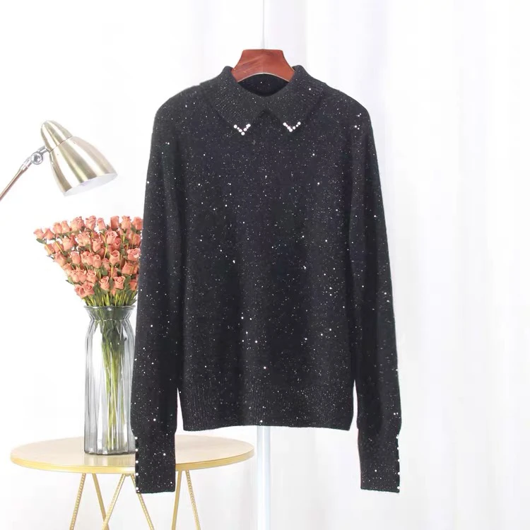 气质钉珠小翻领保暖百搭套头亮片针织衫X3007