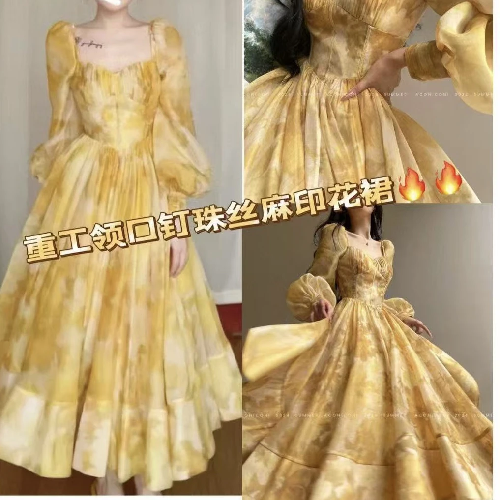 CW.MM 黄色法式温柔方领大摆连衣裙