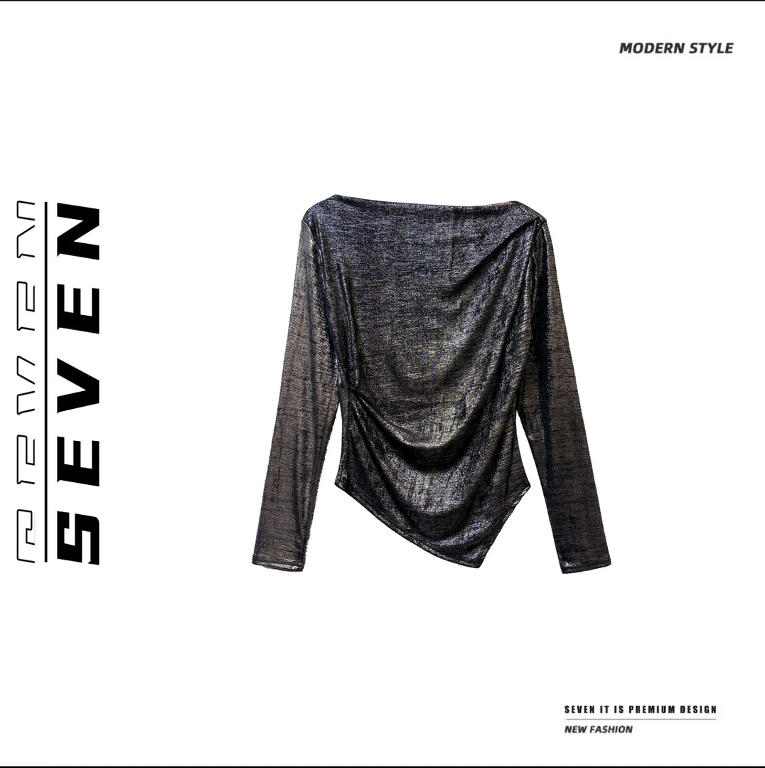 SEVEN【纸醉金迷】时尚小众设计感定制面料斜肩不规则上衣