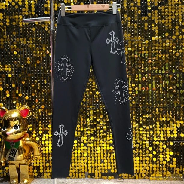新款烫钻十字架高腰显瘦运动健身打底裤百搭时尚休闲裤修身高弹