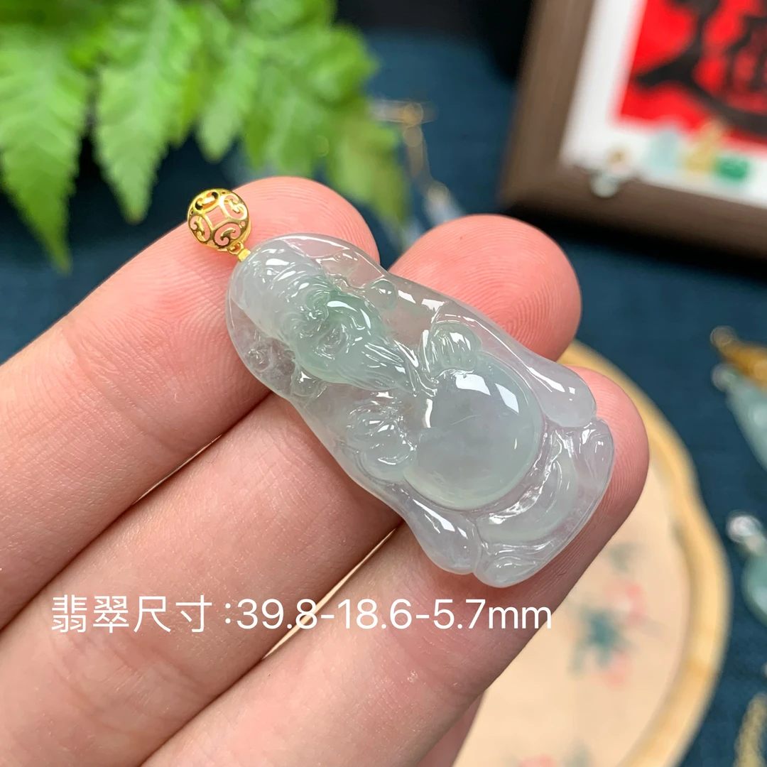 琦意翡翠 18k金镶嵌天然A货翡翠冰润飘绿财神爷吊坠