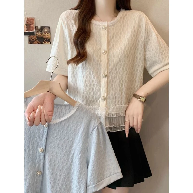 小香风设计感蕾丝花边短袖衬衫女装夏季大码胖轻奢高端法式上衣