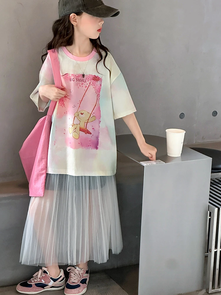 【芽芽日记】2025夏季新款女童渐变小熊水母体恤休闲套装时尚潮款