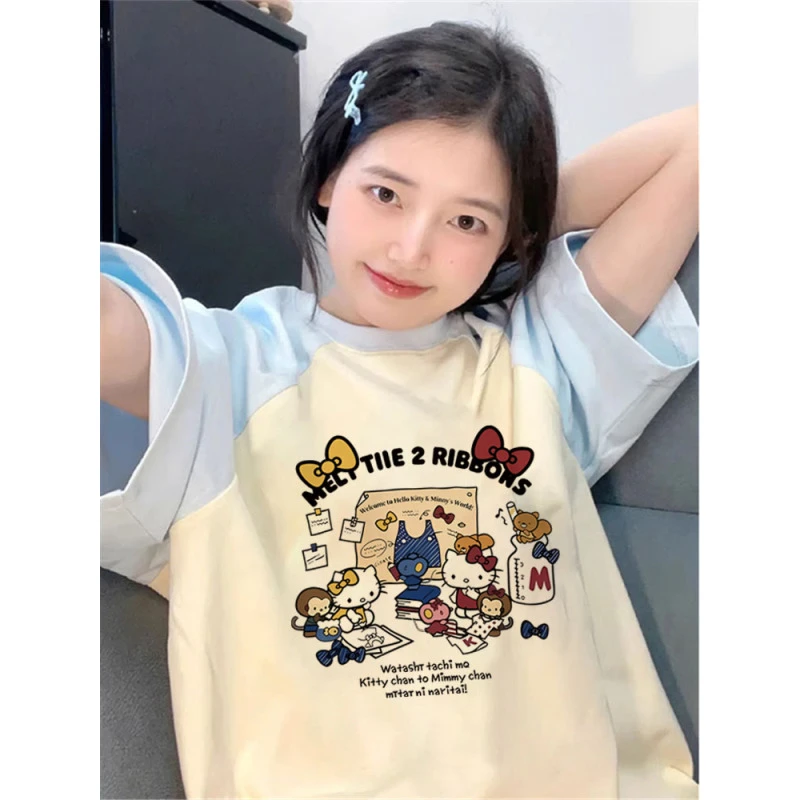 夏季多巴胺短袖t恤女kitty猫大码胖MM美式插肩半袖上衣ins情侣装