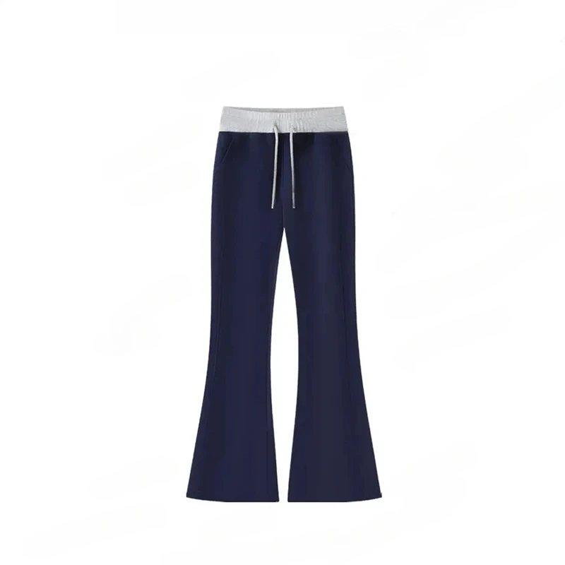 欧若风高腰拼色设计感休闲裤女2025春秋新款显瘦潮流百搭微喇裤子