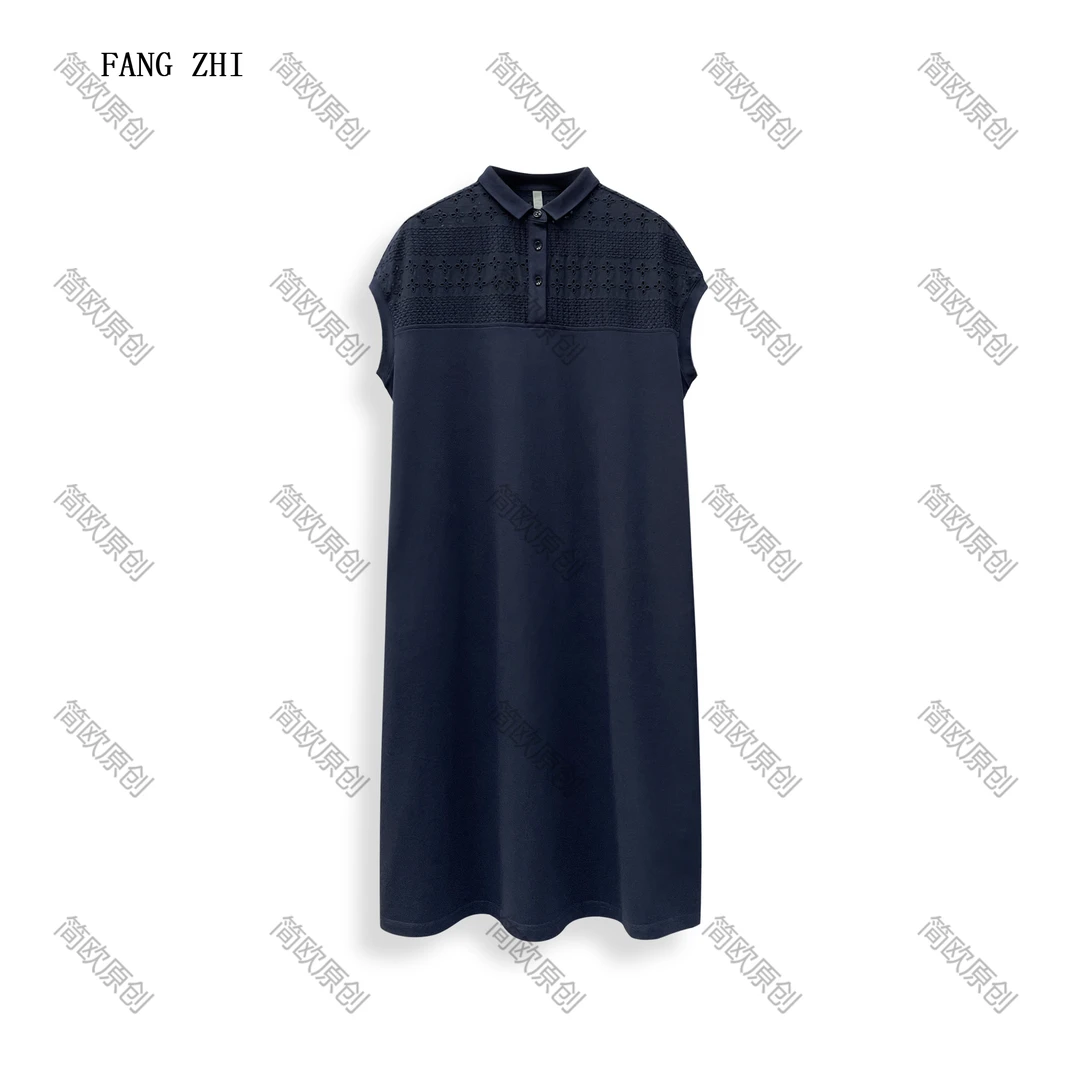 镂空刺绣拼接宽松舒适连衣裙polo领中长裙 D4306