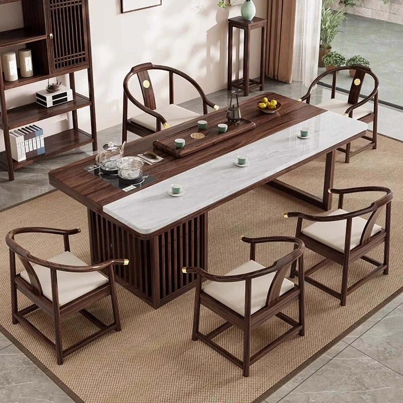 黑胡桃实木大板茶桌椅组合新中式岩板轻奢家用茶几办公室禅意茶台