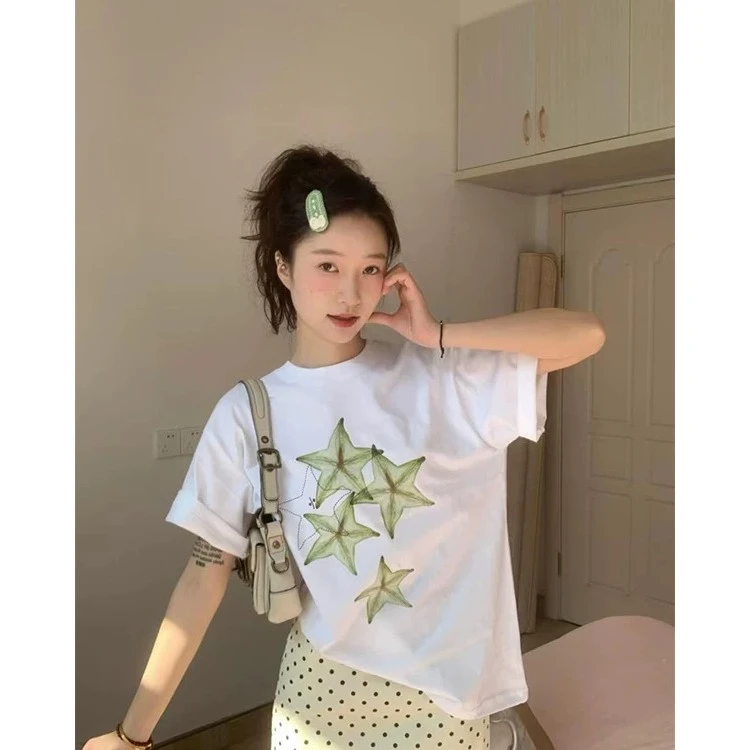 韩系杨桃印花白色短袖t恤女夏季宽松慵懒风oversize纯棉半袖上衣