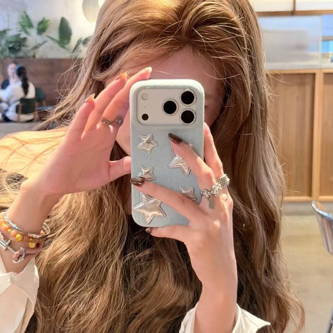 布艺牛仔蓝银星星适用iPhone17promax手机壳苹果16Pro创意15/14