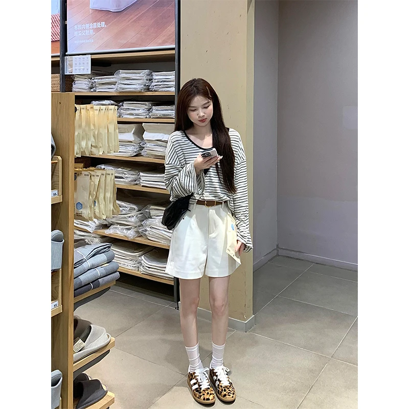 parkyeon慵懒韩系条纹长袖T恤上衣女早秋高腰显瘦休闲裤时尚套装