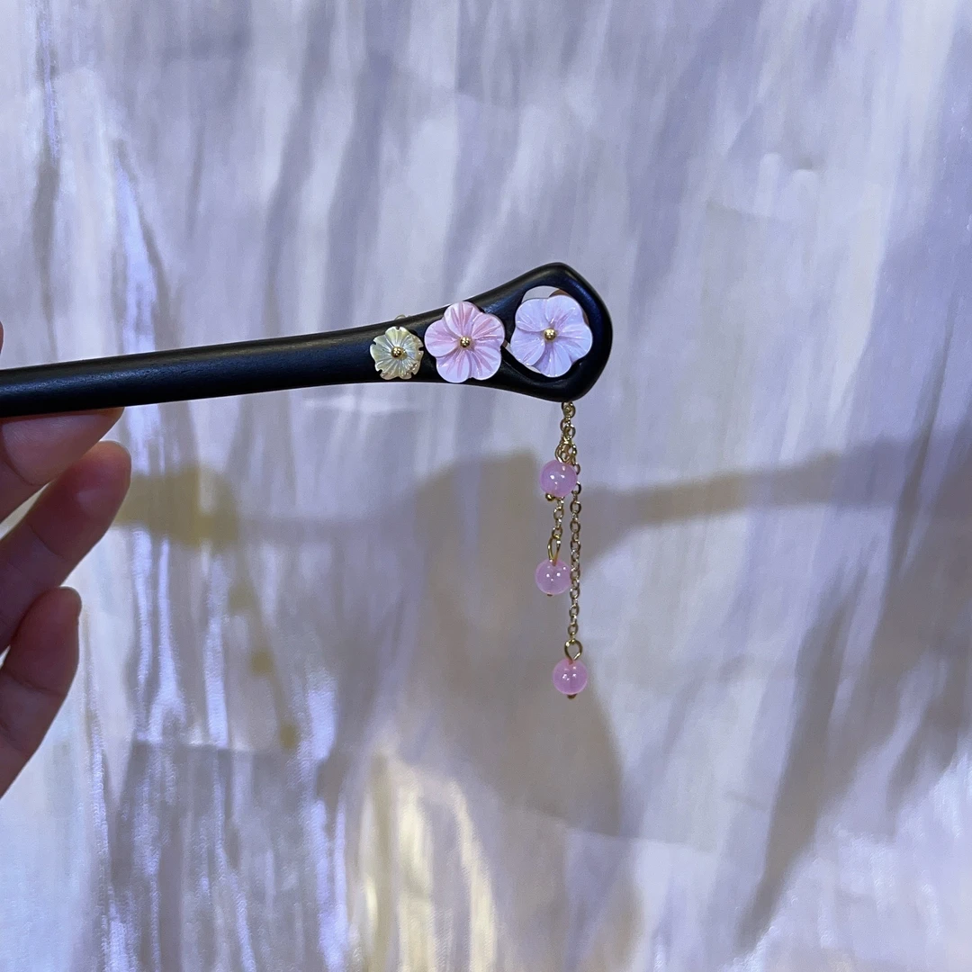 18厘米双面黑檀木盘发簪子贝壳花流速步摇吊坠新中式精致轻奢