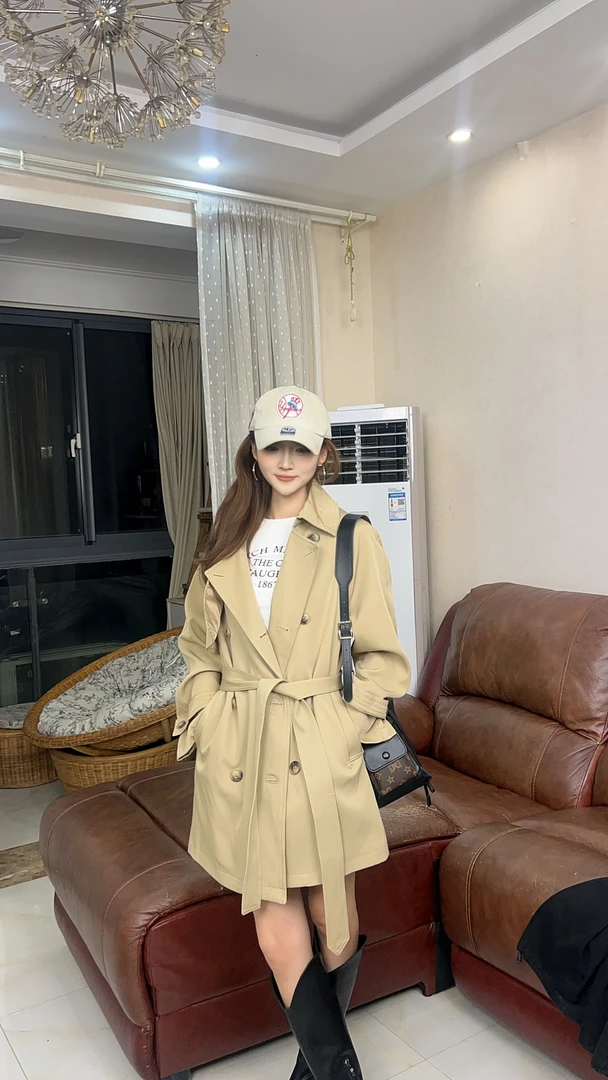 【冷冷】韩版女春秋小个子中长款修身风衣大衣外套风衣卡其色
