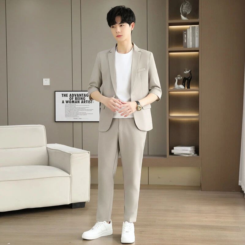 现货韩版中袖西服套装男士2025夏季新款短袖西装百搭休闲裤两件套