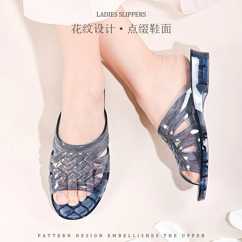 水晶一字拖鞋女加厚坡跟防臭妈妈中老年人拖鞋透明室内外洗澡凉拖