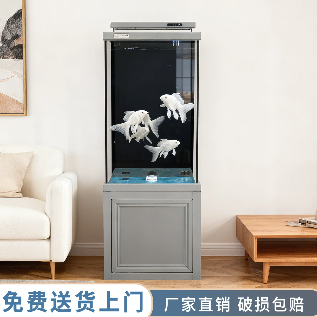 网红客厅鱼缸落地式时尚金晶超白玻璃背过滤干湿分离家用智能鱼缸