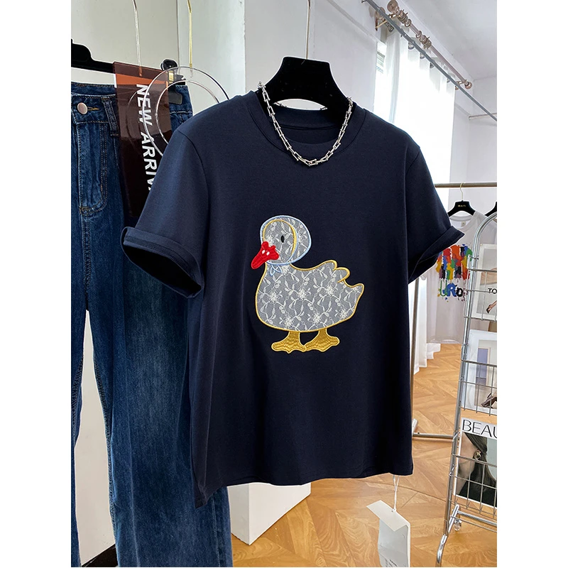 刺绣蕾丝鸭短袖t恤女夏季2025新款小个子宽松减龄休闲藏蓝色