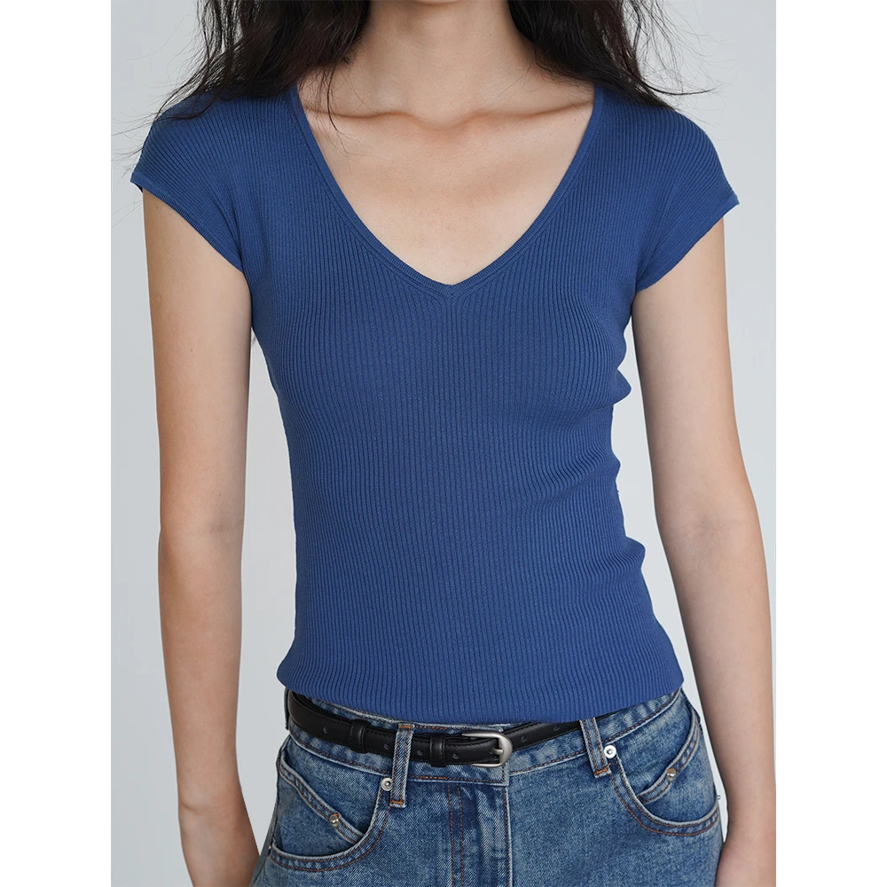 气质百搭克莱因蓝V领修身针织衫女夏季洋气收腰显瘦薄款坎肩上衣