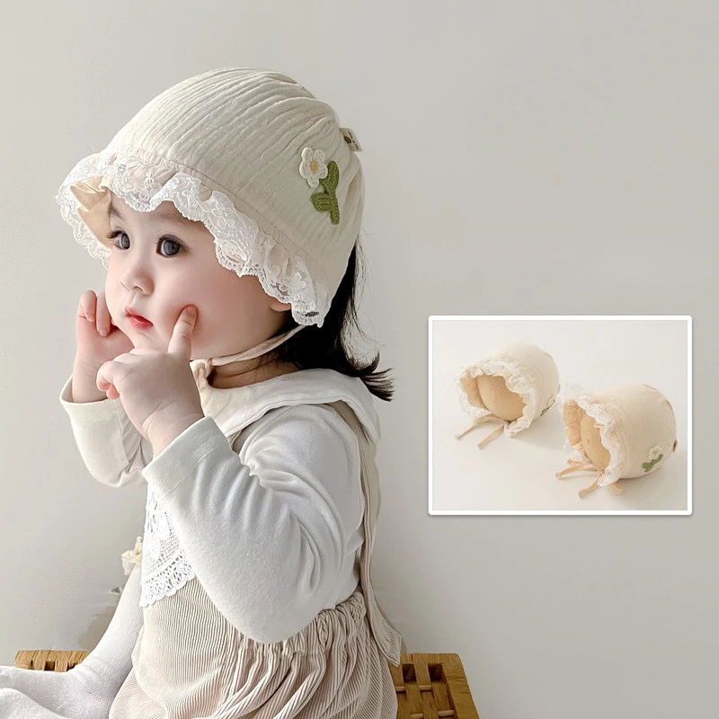 韩国婴儿帽子秋冬新款蕾丝女童保暖护耳帽新生儿护囟门宝宝胎帽