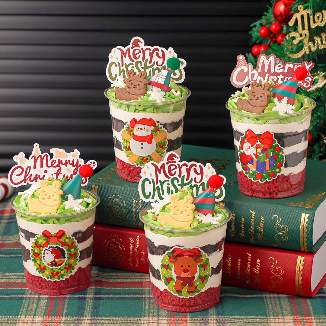 2026圣诞节甜品杯蛋糕装饰迷你毛球帽圣诞老人雪人麋鹿贴纸装扮