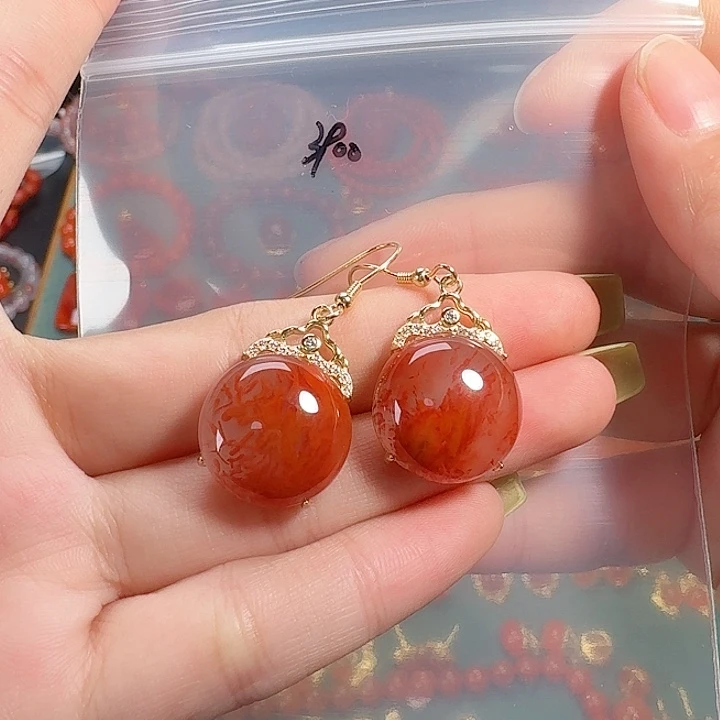 南红玛瑙银S925镶嵌耳饰