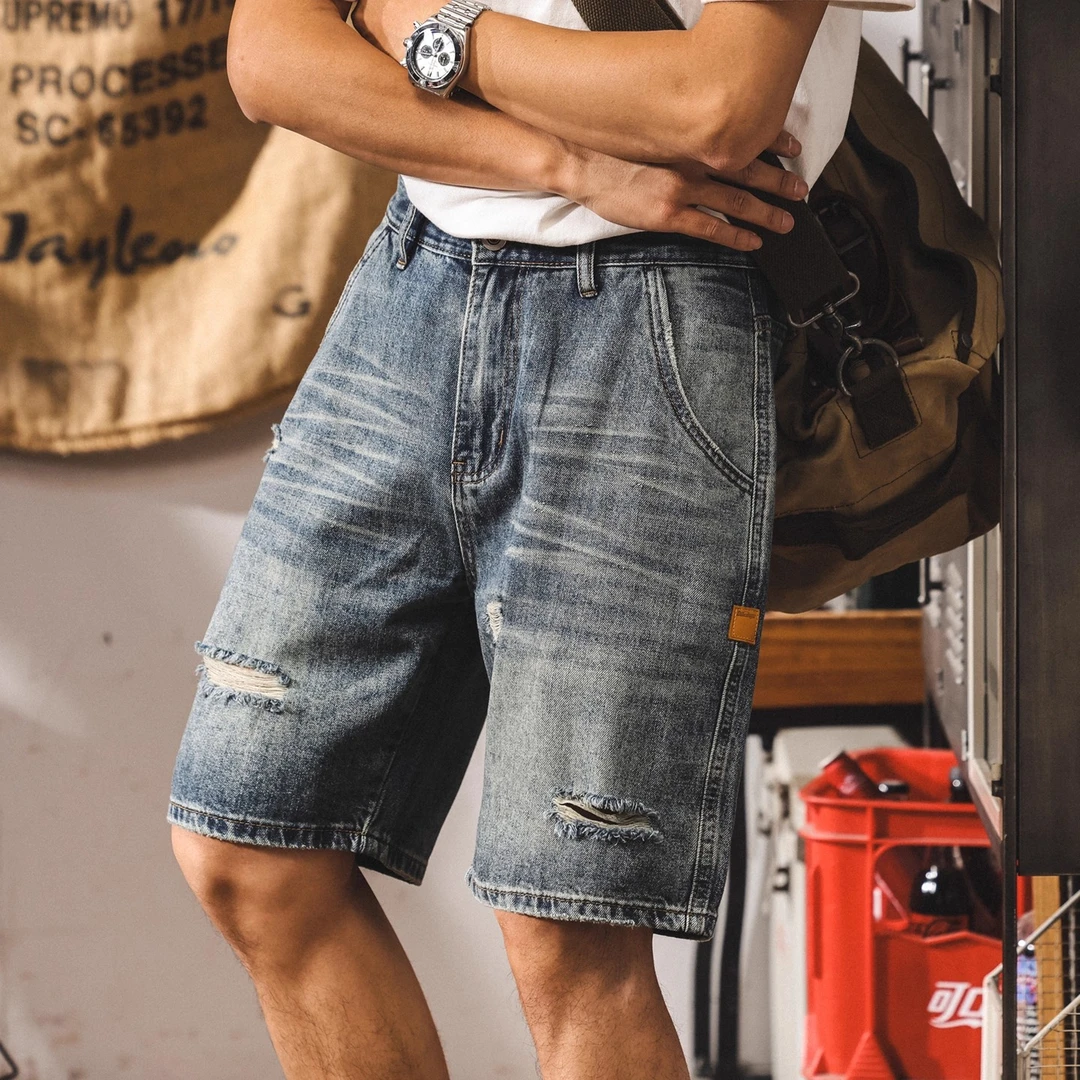 美式破洞牛仔短裤男夏季宽松2025新款潮牌大码中裤痞帅直筒五分裤