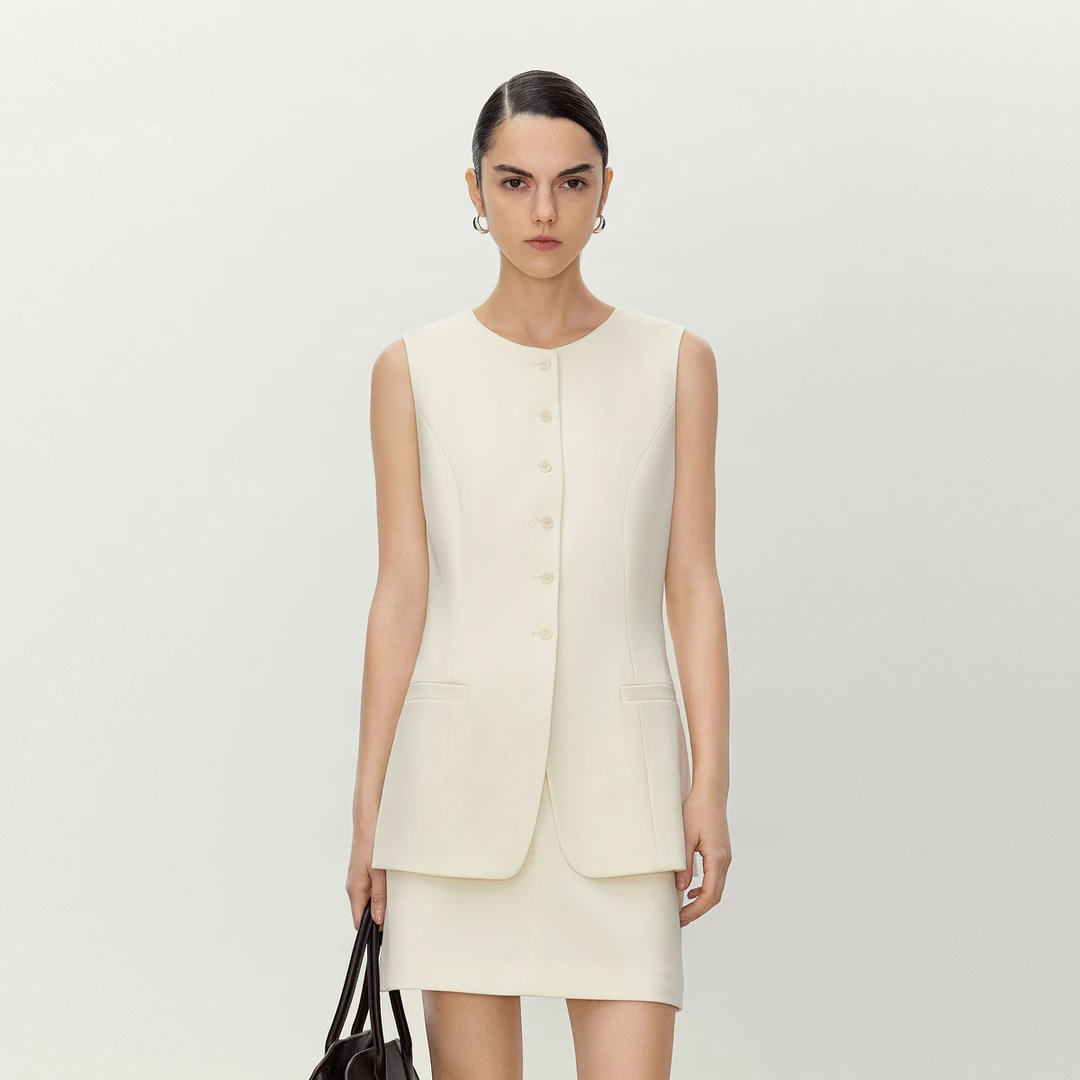 LYNEE 简约圆领收腰醋酸马甲女时尚通勤西装马夹 LGD2FSW054