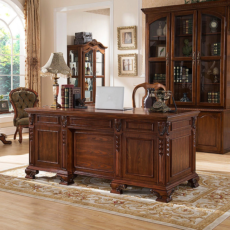 美式实木书桌欧式雕花简约书台老板桌大班台总裁办公桌书房电脑桌