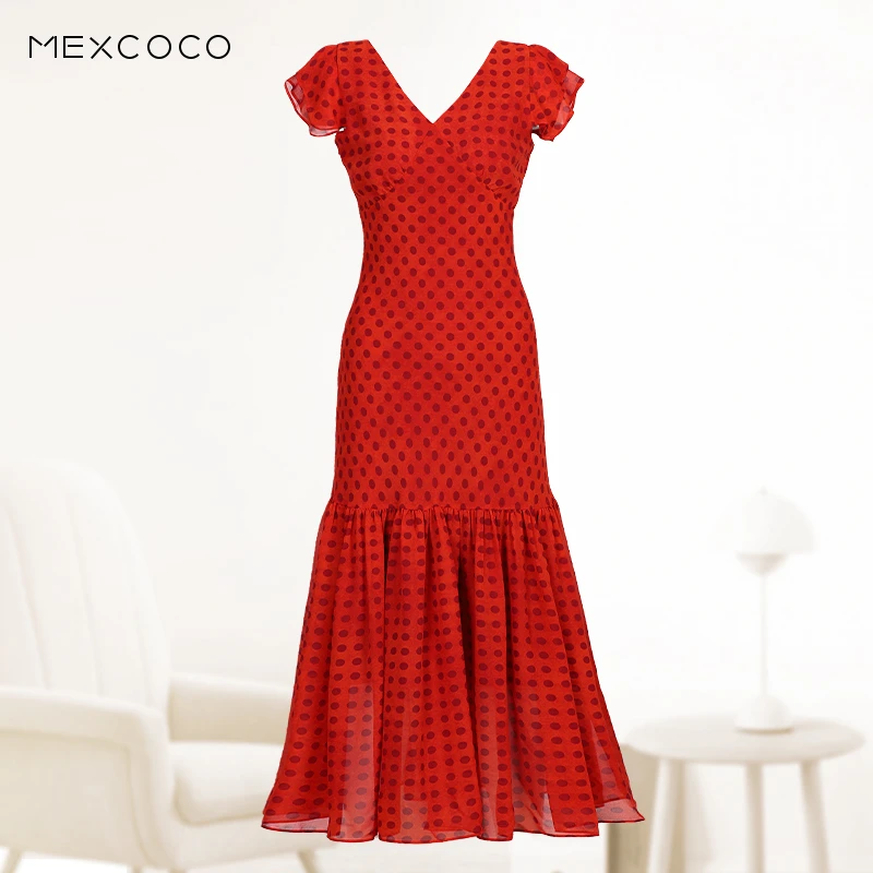 MEXCOCO/兰瑟儿夏季新款气质V领高腰包臀鱼尾印花连衣裙105XL9410