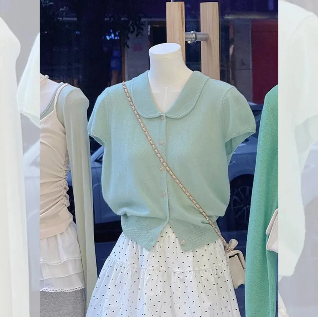 黄色娃娃领飞飞袖短袖t恤小个子针织短款翻领正肩上衣女夏季女装