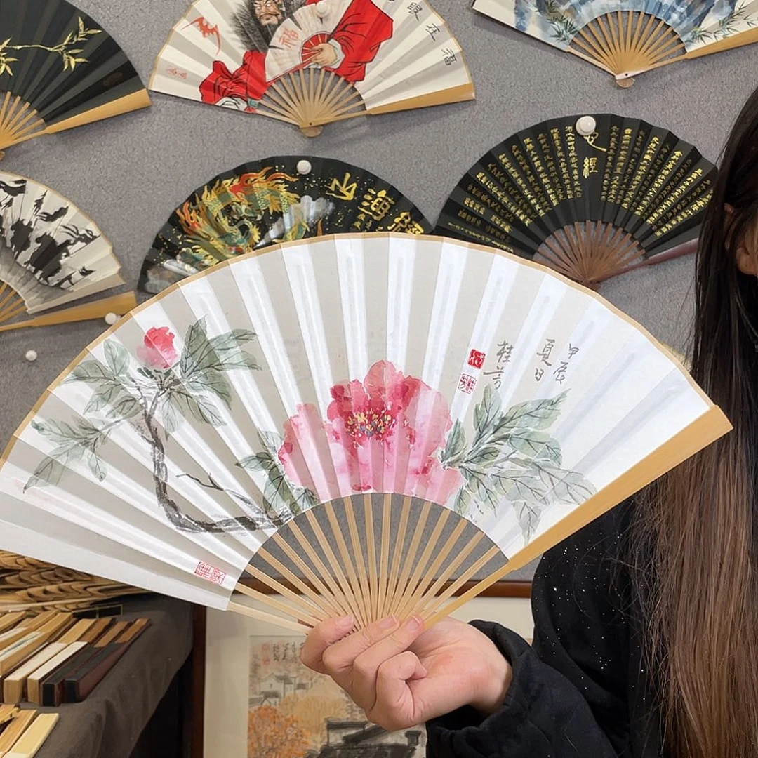 国画95寸玉竹-纯手绘-文玩扇骨（默认粘好）