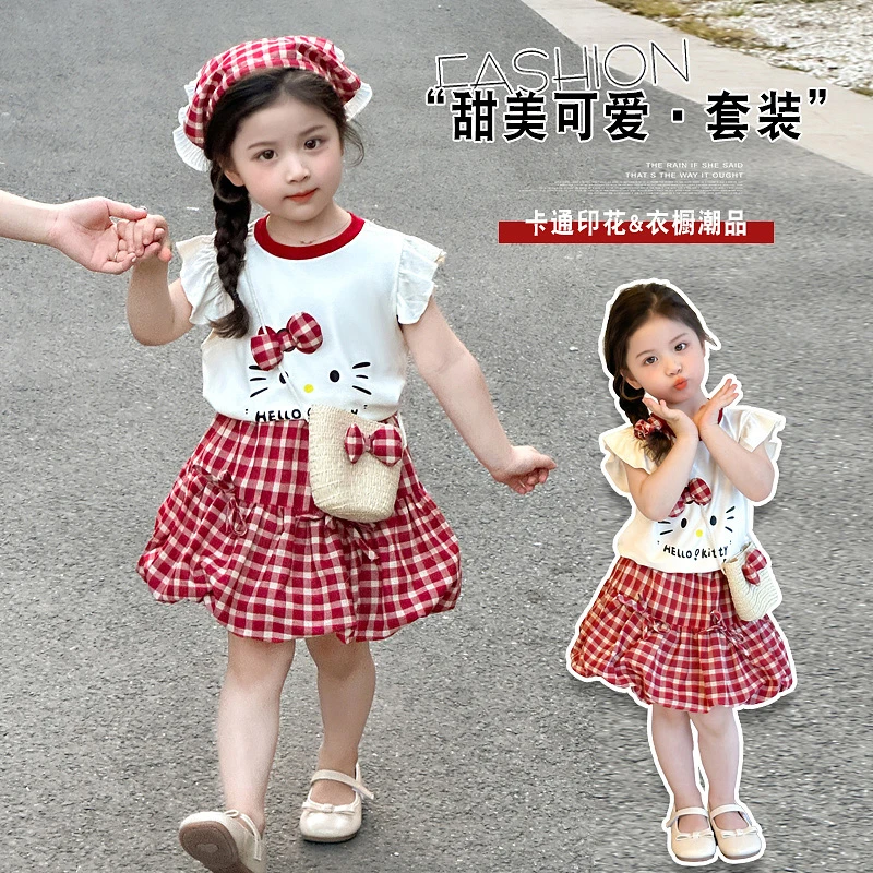 女童短袖夏装2025新款洋气儿童套装宝宝格子裙子蝴蝶结夏季两件套