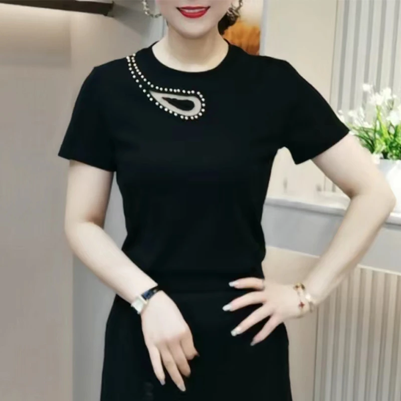 新款时尚烫钻显瘦百搭t恤洋气妈妈装圆领短袖遮肚宽松小衫女