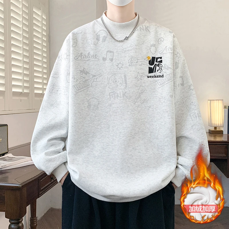 加绒加厚潮流帅气美式男生半高领套头卫衣休闲宽松美式青少年卫衣