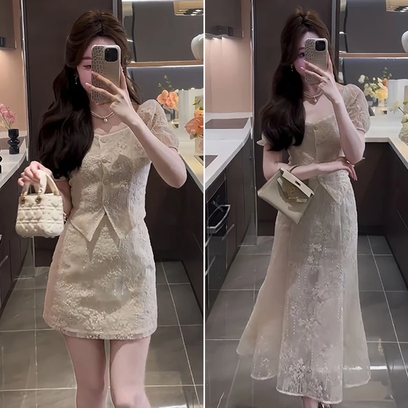 【YOYO】微胖大码蕾丝小香风套装女夏季减龄气质上衣+半身裙两件套