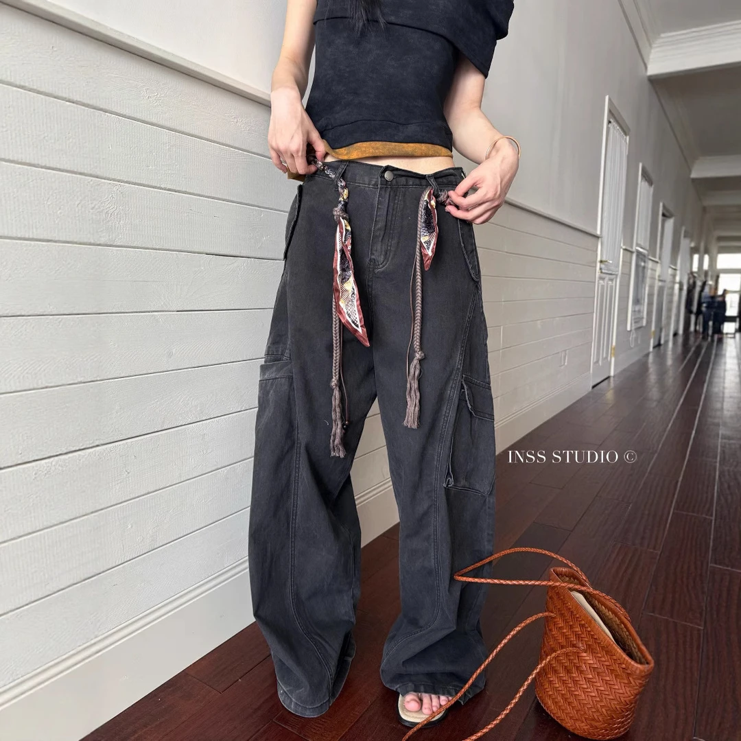 十三行复古腰绳女式休闲裤宽松阔腿裤高级感做旧水洗工装裤女