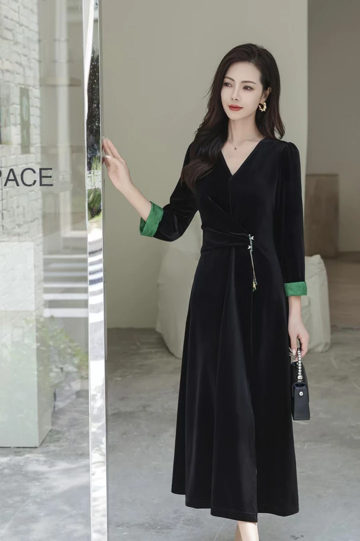 气质长袖连衣裙优雅修身高端妈妈装时尚春季长裙