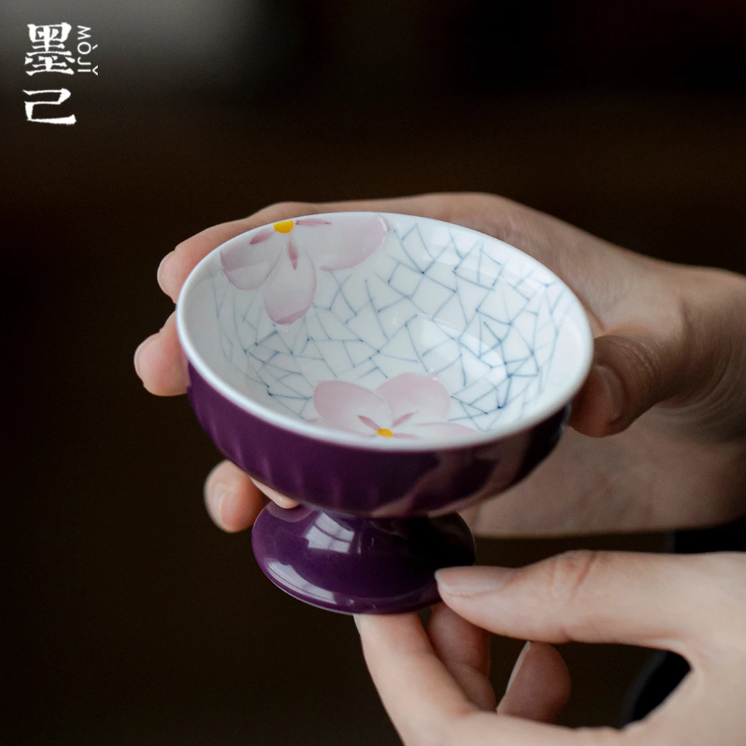 墨己紫色手绘冰裂梅花纹陶瓷高足主人杯功夫茶具家用茶杯品茗杯