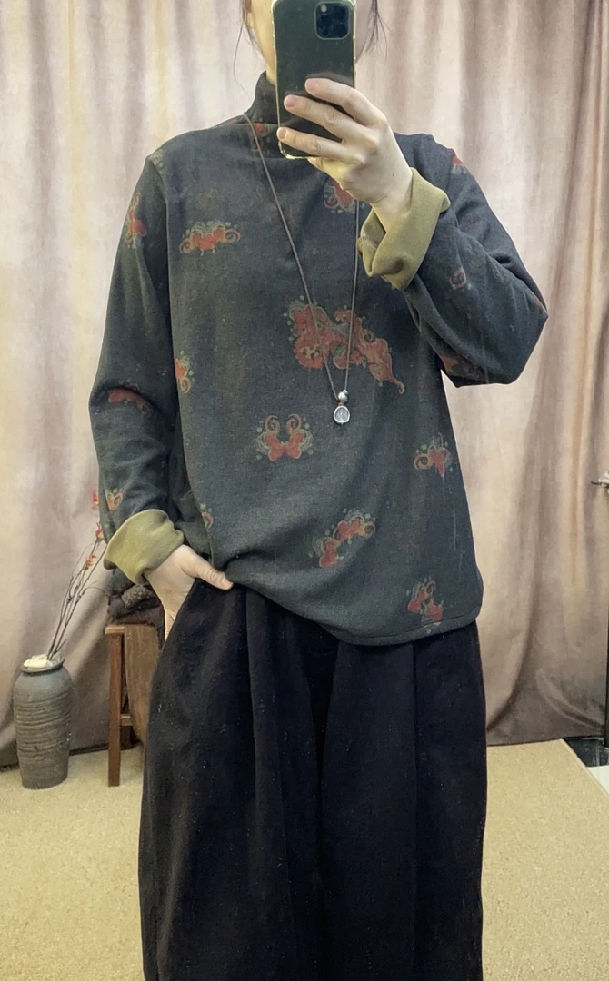 慢慢变蓝一荼复古花百搭T恤