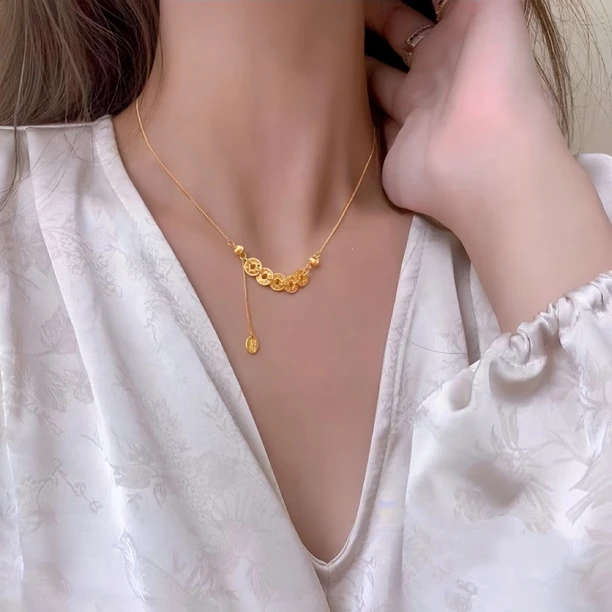 铜合金项链 气质轻奢时尚钱多多五帝钱项链女简约百搭坠链锁骨链