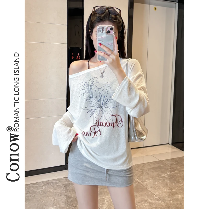 慵懒风一字领夏季韩系薄款百合印花宽松T恤ins长袖微透罩衫