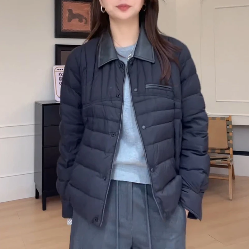 2025冬季休闲百搭经典拼接翻领薄款棉服设计感时尚潮流女士