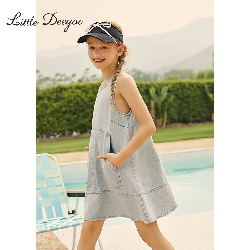 61女童连衣裙2024夏季新款大口袋设计透气儿童牛仔背心裙7103