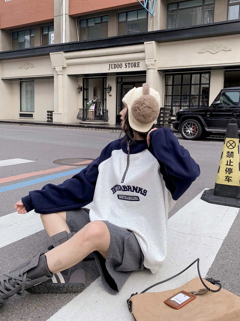 001-100编码常规拉链休闲风拼接印花薄款卫衣加绒宽松韩版