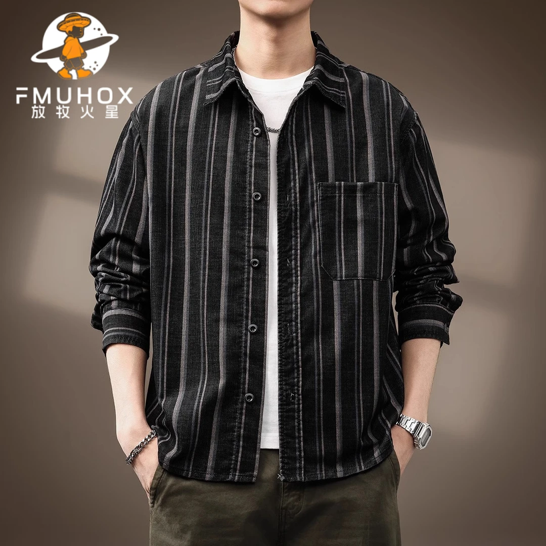 @放牧火星 高端日系复古条纹长袖衬衫男春秋新款潮牌宽松工装衬衣