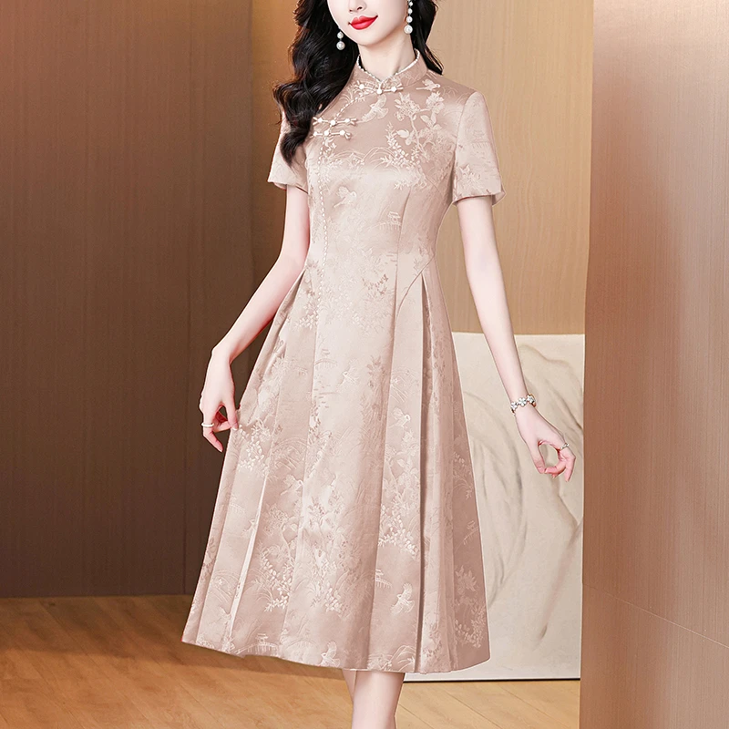 高级感短袖连衣裙女气质妈妈婚宴礼服2025夏季中式国风喜婆婆旗袍