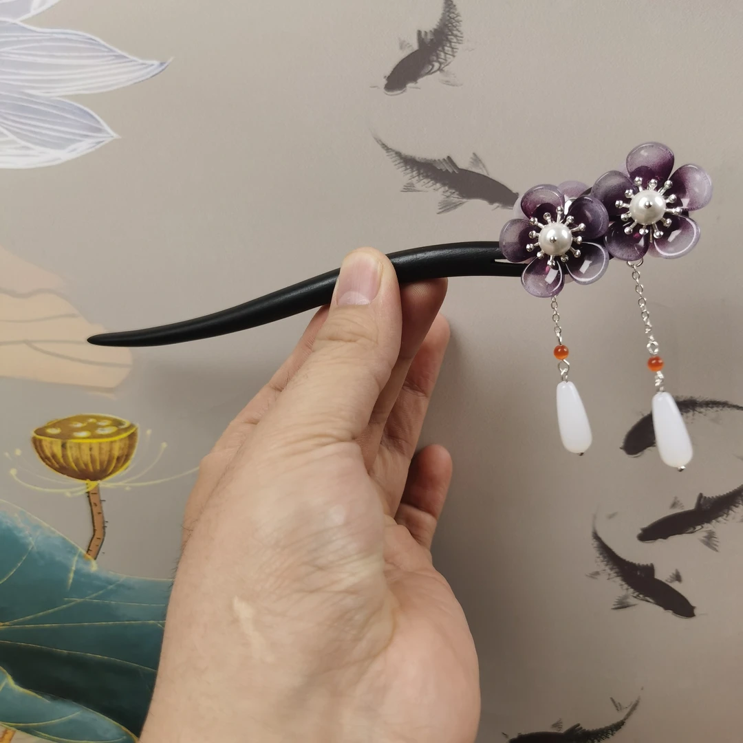 18厘米双面黑檀木发簪手工编织梅花原创设计头饰发饰发钗古风盘发