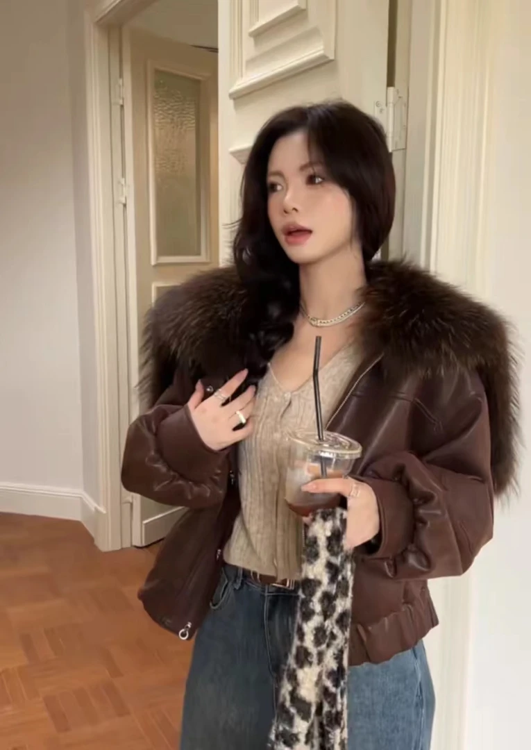 DOUSHEHUI  羽翼天使貉子毛披肩领皮草服饰外套