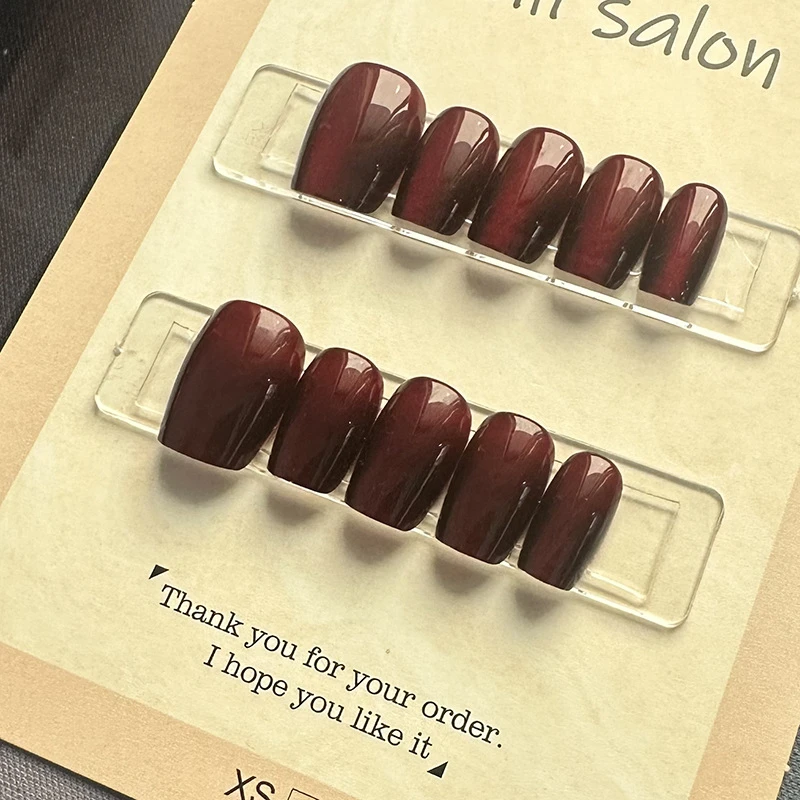 深红色魅力21#纯手工穿戴甲ins显白裸色半手工猫眼美甲假指甲