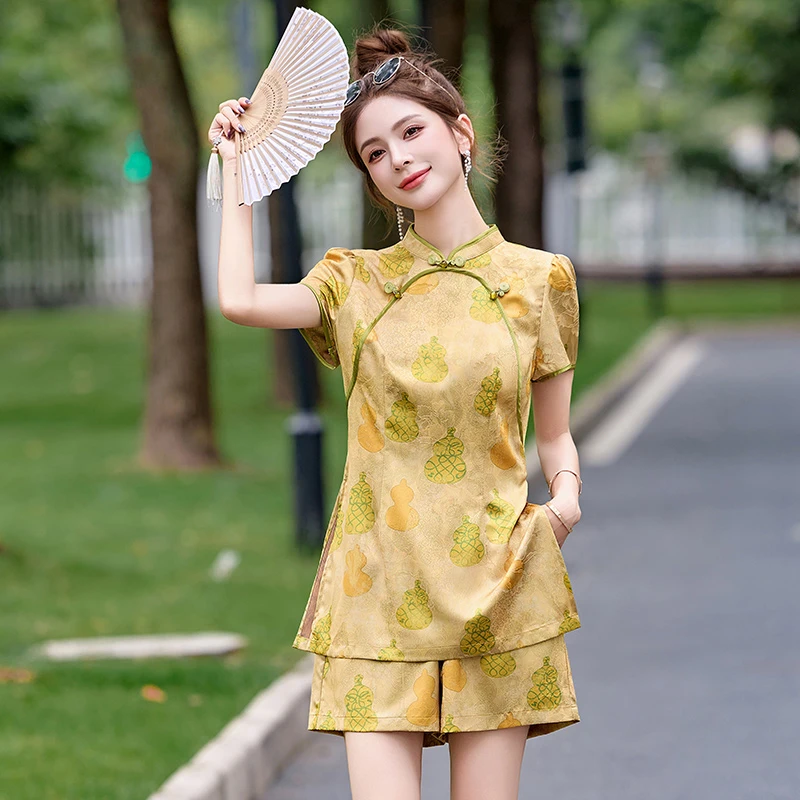 新中式改良旗袍盘扣提花短裤套装女夏新款超好看小个子国风两件套