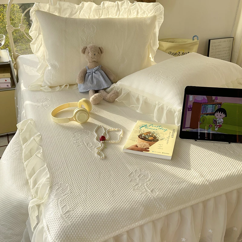 夏季公主风冰丝豆豆凉席床裙三件套花边凉感床单空调席夏凉垫